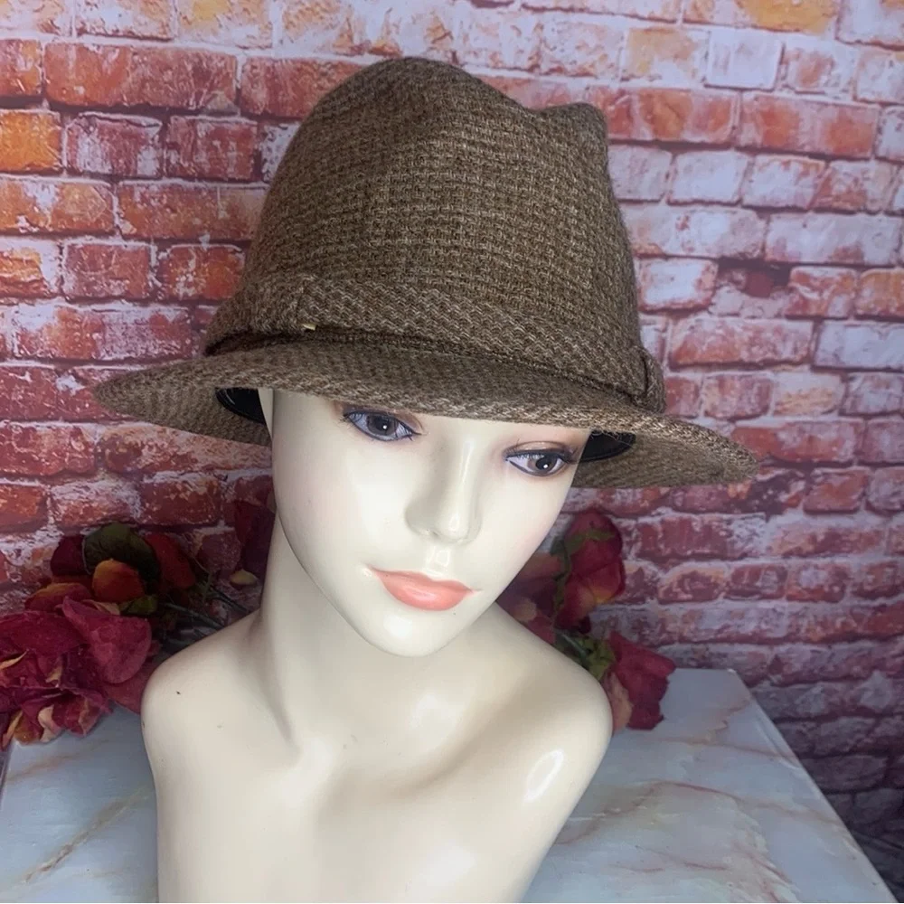 Vintage 70s Brown Wool Tweed Indian Head Penny Fedora Hat